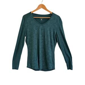 Segments 100% Merino Wool V-neck Base Layer Large Green Teal Leaf Pattern Hole